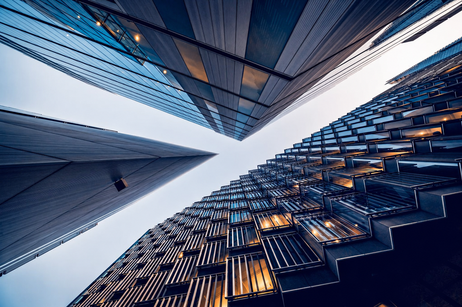 Modern skyscrapers viewed from below against the sky